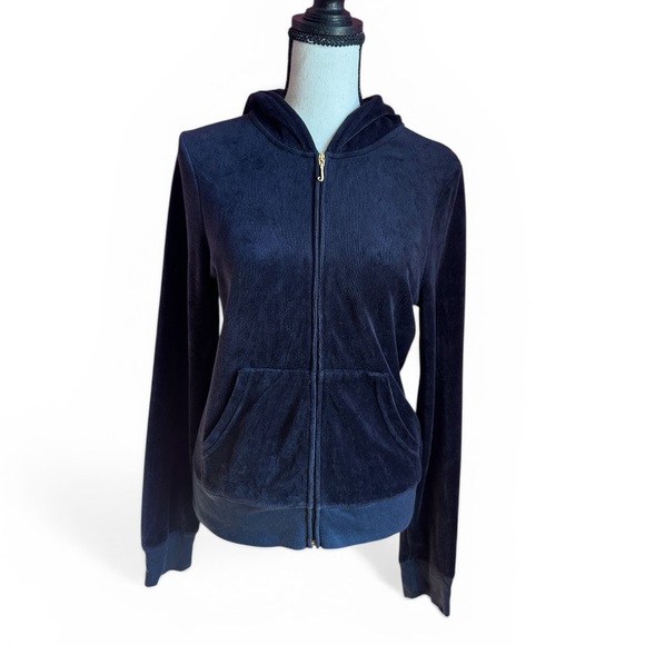 Juicy Couture Navy Blue Velour Zip Up Hoodie Size Large - Picture 2 of 8